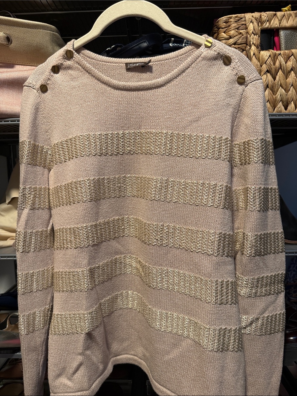 J. McLaughlin Beige Sweater with Gold Metallic Stripes